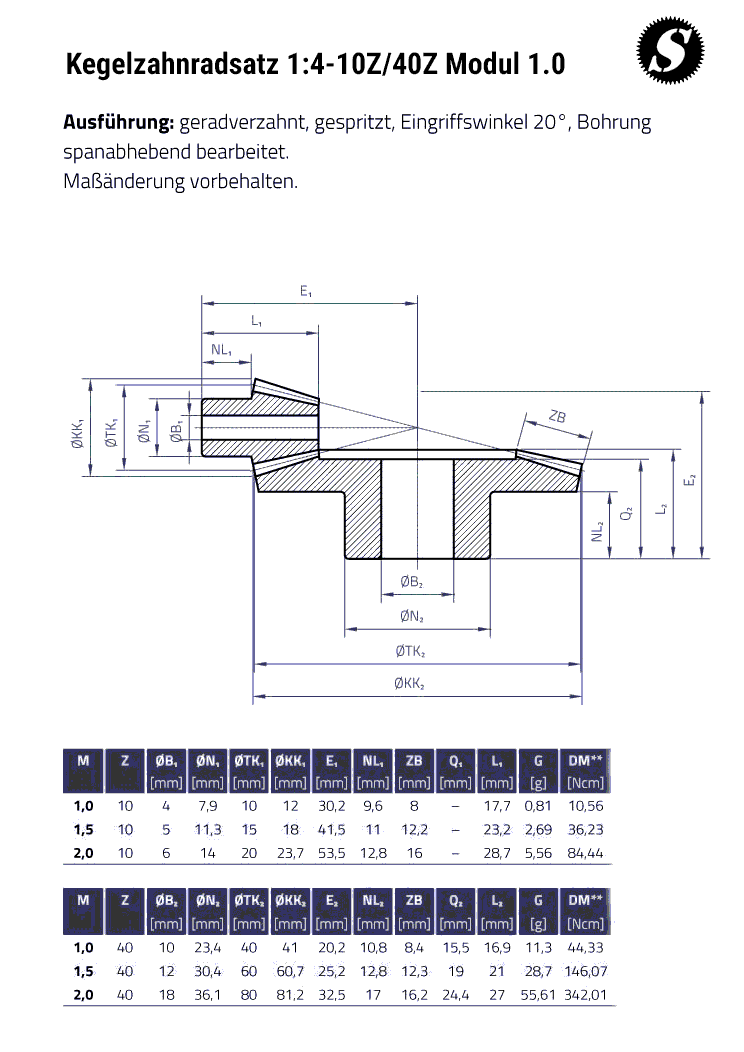 Übersetzung 1:4 Kegelzahnrad / Kegelzahnradsatz Modul 1.0-10/40 Kunststoff 