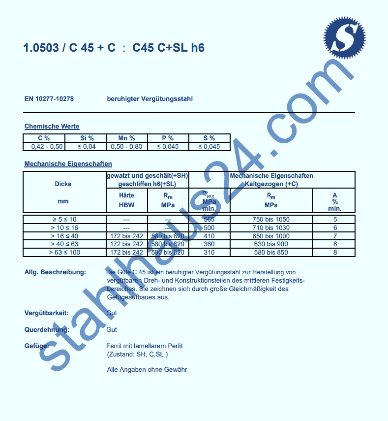 Verguetungsstahl-C45-SH, Datenblatt